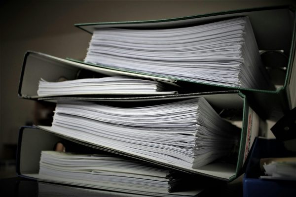 Stacks of documents.
