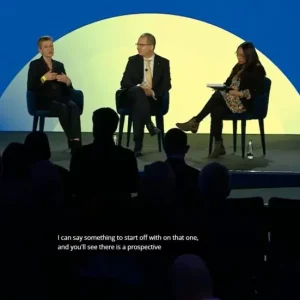 Live captions showing on the screen of a panel discussion at the Global Pandemic Preparedness Summit