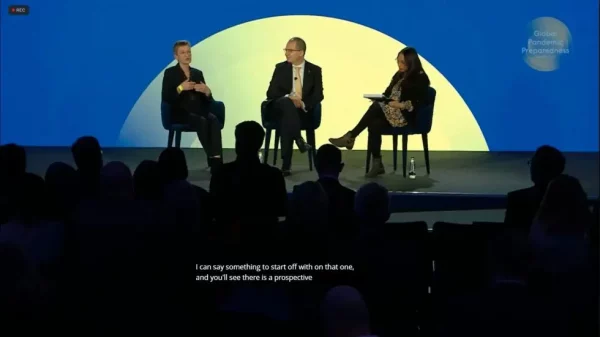 Live captions showing on the screen of a panel discussion at the Global Pandemic Preparedness Summit