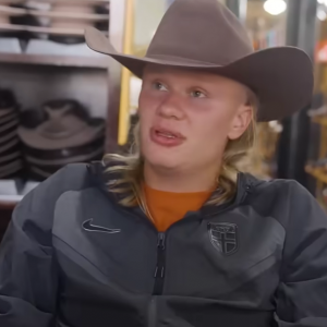 Erling Haaland pictured in a cowboy hat in his Norway training gear